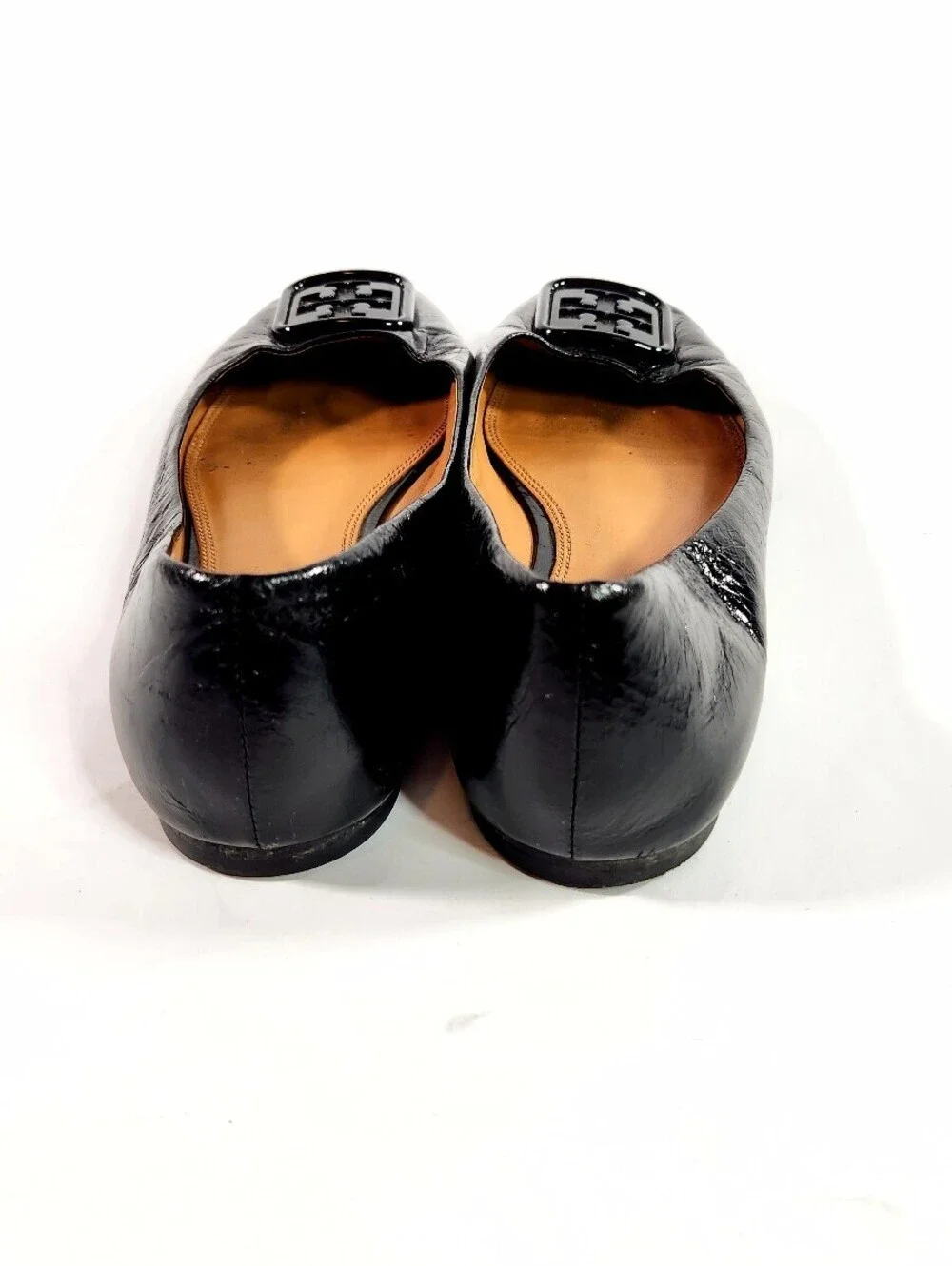 Tory Burch Black Patent Leather Square Toe Flats with Logo
